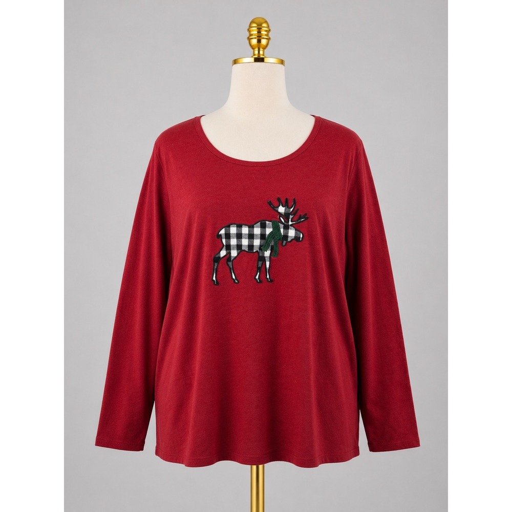 New CJ Banks Moose Graphic Tee Red Buffalo Plaid Holiday Top Plus Size X 0X